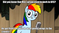 Size: 1366x768 | Tagged: safe, artist:petirep, edit, imported from derpibooru, rainbow dash, rainbow dash presents, actually pretty funny, female, image macro, m.a. larson, meme, rainbow's pun, solo, thanks m.a. larson, truth