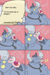 Size: 2010x3020 | Tagged: safe, artist:creepycurse, imported from derpibooru, iron will, minotaur, ask iron will, ask, comic, dragon ball, dragon ball z, male, solo, tumblr, whispering