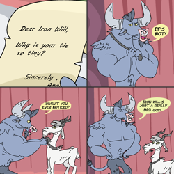 Size: 2010x2010 | Tagged: safe, artist:creepycurse, imported from derpibooru, iron will, goat, ask iron will, ask, baneposting, comic, for you, necktie, tumblr