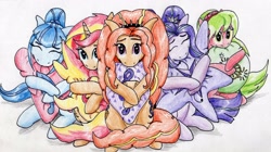 Size: 3351x1871 | Tagged: safe, artist:40kponyguy, derpibooru exclusive, imported from derpibooru, adagio dazzle, aria blaze, lemon zest, sonata dusk, sunset shimmer, pony, equestria girls, 40kponyguy is trying to murder us, adoragio, ariabetes, cushion, cute, dazzlebetes, diabetes, equestria girls ponified, heart eyes, ponified, shimmerbetes, sonatabetes, the dazzlings, traditional art, wingding eyes, zestabetes