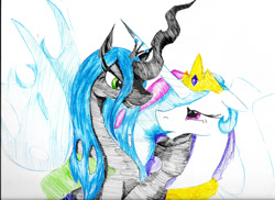 Size: 1024x745 | Tagged: dead source, safe, artist:missivoryrainbow, imported from derpibooru, princess celestia, queen chrysalis, alicorn, changeling, changeling queen, female, taunting, traditional art, watermark