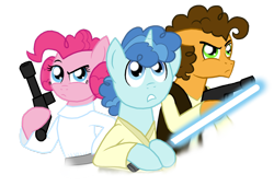 Size: 1024x695 | Tagged: safe, artist:crazynutbob, imported from derpibooru, cheese sandwich, party favor, pinkie pie, earth pony, pony, blaster, energy weapon, female, gun, han solo, handgun, hooves, lightsaber, luke skywalker, male, mare, party trio, princess leia, solo, stallion, star wars, weapon