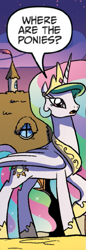 Size: 263x763 | Tagged: safe, idw, imported from derpibooru, princess celestia, alicorn, pony, confused, female, frown, open mouth, question, raised hoof, reaction image, solo, speech bubble, where are the ponies