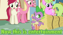 Size: 720x405 | Tagged: safe, imported from derpibooru, screencap, daisy, flower wishes, lily, lily valley, roseluck, spike, the cutie pox, flower trio, food, image macro, meme, popcorn