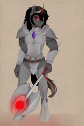 Size: 2000x3000 | Tagged: safe, artist:evehly, imported from derpibooru, king sombra, anthro, unguligrade anthro, armor, axe, male, menacing, solo