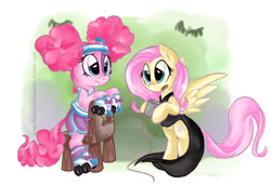 Size: 1056x718 | Tagged: safe, artist:vago-xd, imported from derpibooru, fluttershy, pinkie pie, earth pony, pegasus, pony, scare master, clothes, costume, nightmare night costume, pinkie puffs, roller skates