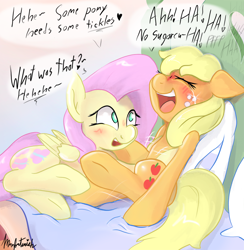 Size: 1124x1151 | Tagged: safe, artist:manfartwish, imported from derpibooru, applejack, fluttershy, appleshy, blushing, dialogue, female, laughing, lesbian, shipping, tickling