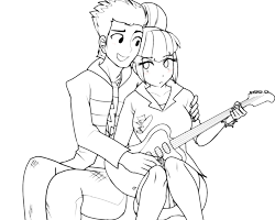 Size: 1280x1024 | Tagged: safe, artist:rileyav, imported from derpibooru, flash sentry, sonata dusk, equestria girls, bass guitar, blushing, clothes, female, lineart, male, monochrome, musical instrument, open mouth, panties, senata, shipping, skirt, smiling, straight, underwear, upskirt