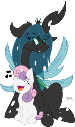 Size: 1280x2155 | Tagged: safe, artist:midnightblitzz, artist:nekotigerfire, imported from derpibooru, queen chrysalis, sweetie belle, changeling, changeling queen, pony, unicorn, annoyed, blushing, colored, cute, cutealis, diasweetes, duo, duo female, eyes closed, female, filly, foal, funny, mare, queen chrysalis is not amused, simple background, singing, transparent background, unamused, vector