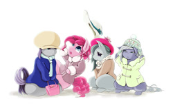 Size: 1000x651 | Tagged: safe, artist:satouyuka, imported from derpibooru, limestone pie, marble pie, maud pie, pinkie pie, pie sisters, pixiv, sisters, winter outfit