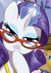 Size: 432x616 | Tagged: safe, artist:amy mebberson, artist:amymebberson, idw, imported from derpibooru, rarity, spoiler:comic, spoiler:comicff24, bedroom eyes, comic, cropped, faic, glasses, looking at you, rare pepe, smiling