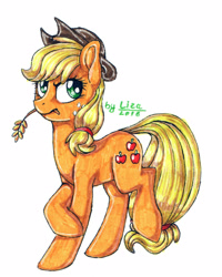 Size: 1282x1600 | Tagged: safe, artist:liza-jack, imported from derpibooru, applejack, crossed hooves, female, simple background, solo, straw, traditional art