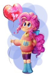 Size: 800x1200 | Tagged: safe, artist:daughter-of-fantasy, imported from derpibooru, pinkie pie, human, balloon, blushing, clothes, cute, diapinkes, female, hair bow, heart balloon, humanized, smiling, solo, sweater