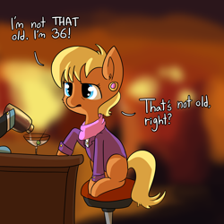 Size: 1280x1280 | Tagged: safe, artist:tjpones, imported from derpibooru, ms. harshwhinny, earth pony, pony, alcohol, barstool, clothes, dialogue, female, food, mare, martini, missing cutie mark, offscreen character, open mouth, sitting, solo focus, stool