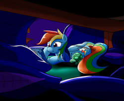 Size: 2794x2269 | Tagged: safe, artist:setonlr, imported from derpibooru, rainbow dash, tank, pillow fort, prone, reading, sleeping, solo focus