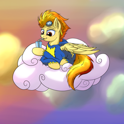 Size: 1024x1024 | Tagged: safe, artist:setonlr, imported from derpibooru, spitfire, cloud, ear fluff, female, food, juice, prone, relaxing, solo, wonderbolts uniform