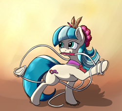 Size: 1024x932 | Tagged: safe, artist:setonlr, imported from derpibooru, coco pommel, female, mouth hold, raised hoof, rope, solo