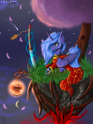 Size: 3500x4666 | Tagged: safe, artist:apostolllll, imported from derpibooru, princess luna, absurd resolution, clothes, dress, female, katana, lantern, night, paper lantern, petals, prone, s1 luna, solo, sword, tail wrap, tree, unshorn fetlocks, weapon