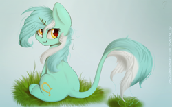 Size: 2529x1581 | Tagged: safe, artist:apostolllll, imported from derpibooru, lyra heartstrings, classical unicorn, :i, female, fluffy, leonine tail, looking back, sitting, solo, unshorn fetlocks