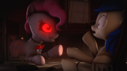 Size: 3840x2160 | Tagged: safe, artist:giz sh, imported from derpibooru, pinkie pie, oc, pony, robot, robot pony, 3d, animatronic, breaking the fourth wall, five nights at freddy's, glowing eyes, red eyes, source filmmaker