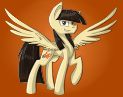 Size: 1024x805 | Tagged: safe, artist:despotshy, imported from derpibooru, wild fire, pegasus, pony, brown eyes, brown mane, female, raised hoof, solo, spread wings, wings