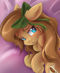 Size: 2400x2927 | Tagged: safe, artist:ardail, imported from derpibooru, oc, oc only, oc:mocha latte, pony, bed, bedroom eyes, bow, cute, female, floppy ears, fluffy, hair bow, heart eyes, mare, morning ponies, ocbetes, on side, portrait, side, smiling, solo, wingding eyes