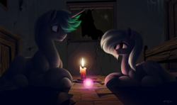 Size: 3081x1825 | Tagged: safe, artist:katputze, imported from derpibooru, oc, oc only, oc:north light, oc:platinum chalice, fallout equestria, candle, crying, memory orb