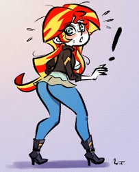 Size: 650x800 | Tagged: safe, artist:mojot, imported from derpibooru, sunset shimmer, human, equestria girls, ass, bunset shimmer, butt, clothes, daily sunset, exclamation point, female, humanized, leggings, looking at you, solo, surprised