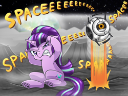 Size: 2000x1500 | Tagged: safe, artist:vavacung, imported from derpibooru, starlight glimmer, annoyed, covering ears, equestria, floppy ears, gritted teeth, jumping, moon, personality core, planet, portal, portal (valve), portal 2, s5 starlight, sitting, space, space core, to the moon, underhoof