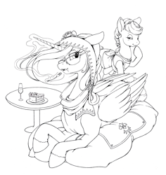 Size: 3460x3664 | Tagged: safe, artist:longinius, imported from derpibooru, princess celestia, alicorn, earth pony, pony, bedroom eyes, cake, cakelestia, cute, cutelestia, duo, female, food, fork, glasses, grayscale, magic, mare, monochrome, pillow, prone, raised hoof, smiling, telekinesis