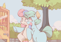 Size: 2125x1474 | Tagged: safe, artist:asprin white rabbit, imported from derpibooru, bon bon, lyra heartstrings, sweetie drops, earth pony, pony, unicorn, chest fluff, open mouth, pointing, purse, shrunken pupils, smiling, underhoof, vending machine, wavy mouth