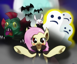 Size: 1560x1305 | Tagged: safe, artist:hoyeechun, imported from derpibooru, angel bunny, fluttershy, harry, bat pony, ghost, pony, scare master, clothes, flutterbat, flutterbat costume, harry the swamp monster