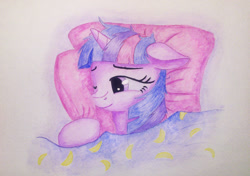 Size: 1200x847 | Tagged: safe, artist:galekz, imported from derpibooru, twilight sparkle, unicorn, bed, bed mane, cute, female, floppy ears, lying down, on side, pillow, solo, traditional art, unicorn twilight