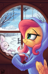 Size: 1300x2000 | Tagged: safe, artist:pirill, imported from derpibooru, angel bunny, derpy hooves, fluttershy, pegasus, pony, angelbetes, chocolate, clothes, comfy, cottagecore, cute, female, food, footed sleeper, hot chocolate, lidded eyes, mare, pajamas, shyabetes, snow, when you see it, window, winter