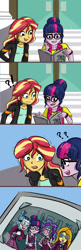 Size: 600x1849 | Tagged: safe, artist:kul, imported from derpibooru, adagio dazzle, aria blaze, sci-twi, sonata dusk, sunset shimmer, twilight sparkle, equestria girls, rainbow rocks, ><, album, alternate clothes, alternate costumes, alternate hairstyle, canterlot high, clothes, comic, crystal prep academy uniform, device, disguise, eyes closed, female, glasses, goggles, laboratory, magic capture device, nerddagio, photo, question mark, school uniform, shaking, staircase, story included, the dazzlings, xk-class end-of-the-world scenario