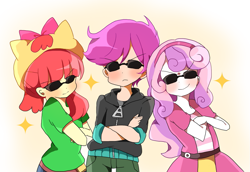Size: 1023x704 | Tagged: safe, artist:lotte, imported from derpibooru, apple bloom, scootaloo, sweetie belle, equestria girls, :<, appleswag, badass, blushing, crossed arms, cute, cutie mark crusaders, frown, gradient background, humanized, smirk, sparkles, sunglasses, swag, swagaloo, swaggerbelle