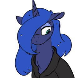 Size: 700x700 | Tagged: safe, artist:3xlneet, artist:goat train, edit, imported from derpibooru, princess luna, clothes, colored, female, floppy ears, hair over one eye, hoodie, sad, simple background, solo