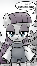 Size: 212x374 | Tagged: safe, artist:pencils, imported from derpibooru, maud pie, earth pony, pony, comic:anon's pie adventure, cropped, dialogue, female, mare, monochrome, neo noir, open mouth, partial color, reaction image, solo, speech bubble