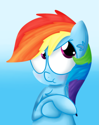 Size: 923x1166 | Tagged: safe, artist:mr-degration, imported from derpibooru, rainbow dash, blushing, crossed hooves, female, gradient background, solo, tsunderainbow