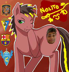 Size: 873x915 | Tagged: safe, edit, imported from derpibooru, oc, oc only, earth pony, pony, 1000 hours in ms paint, cadiz cf, donut steel, fc barcelona, football, logo, ms paint, nolito, recolor, solo, spain, wink