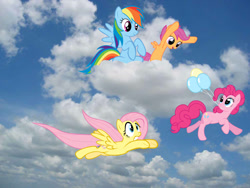 Size: 1024x768 | Tagged: safe, artist:afkrobot, artist:blindcavesalamander, artist:scritchy, artist:sux2suk59, imported from derpibooru, fluttershy, pinkie pie, rainbow dash, scootaloo, balloon, cloud, flying, irl, photo, pinkie being pinkie, pinkie physics, ponies in real life, then watch her balloons lift her up to the sky, vector