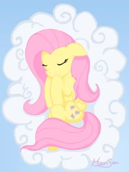 Size: 774x1032 | Tagged: safe, artist:maripooh13, imported from derpibooru, fluttershy, cloud, female, signature, sleeping, solo