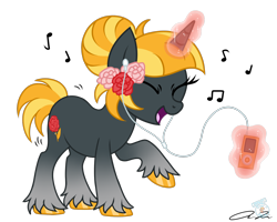 Size: 1280x1024 | Tagged: safe, artist:iheartjapan789, imported from derpibooru, oc, oc only, pony, unicorn, earbuds, eyes closed, female, flower, glowing horn, ipod, levitation, magic, mare, music notes, open mouth, raised hoof, signature, simple background, solo, standing, telekinesis, transparent background, unshorn fetlocks