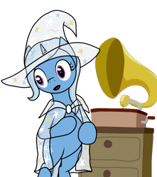 Size: 1280x1451 | Tagged: safe, artist:manateemckenzie, imported from derpibooru, trixie, pony, american psycho, bipedal, check em, female, gramophone, parody, patrick bateman, raincoat, simple background, solo, transparent background