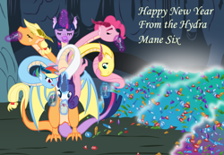 Size: 1280x886 | Tagged: artist needed, safe, imported from derpibooru, applejack, fluttershy, pinkie pie, rainbow dash, rarity, twilight sparkle, hydra, hydra pony, ask hydra mane 6, conjoined, happy new year, hilarious in hindsight, holiday, hydrafied, mane six, mane six hydra, multiple heads, new year, six heads, species swap