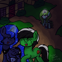 Size: 1000x1000 | Tagged: safe, artist:sketchydesign78, imported from derpibooru, princess luna, oc, oc:racer hooves, oc:sketchy design, blushing, couple, night, ponyville