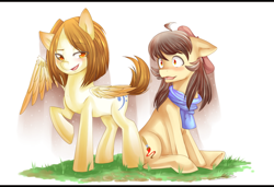 Size: 1604x1094 | Tagged: safe, artist:meewin, imported from derpibooru, oc, oc only, oc:moon brush, earth pony, pegasus, pony, beret, clothes, oc x oc, scarf, shipping