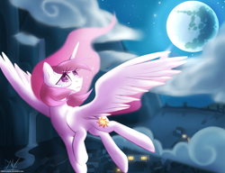 Size: 1300x1000 | Tagged: safe, artist:glitterlunaria, imported from derpibooru, princess celestia, crying, female, flying, mare in the moon, moon, mountain, night, pink-mane celestia, sad, solo, stars, town, waterfall, younger