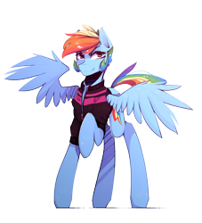 Size: 2453x2702 | Tagged: safe, artist:novabytes, imported from derpibooru, rainbow dash, alternate hairstyle, clothes, female, jacket, raised hoof, solo, varsity jacket