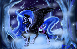 Size: 1024x663 | Tagged: safe, artist:commander booty call, artist:slime-tiger, imported from derpibooru, nightmare moon, female, forest, grin, magic, night, smiling, solo, spread wings, stars